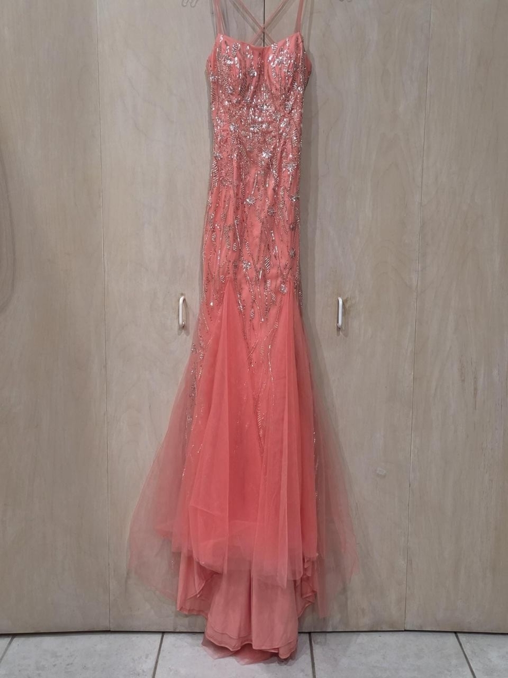Dave & Johnny Coral Sequin Tulle Mermaid Gown